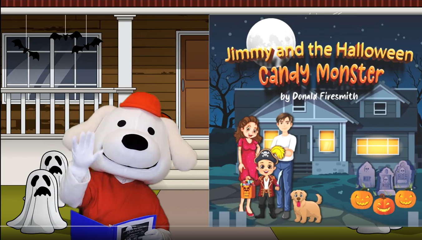 Storytime Pup reading Jimmy and the Halloween Candy Monster